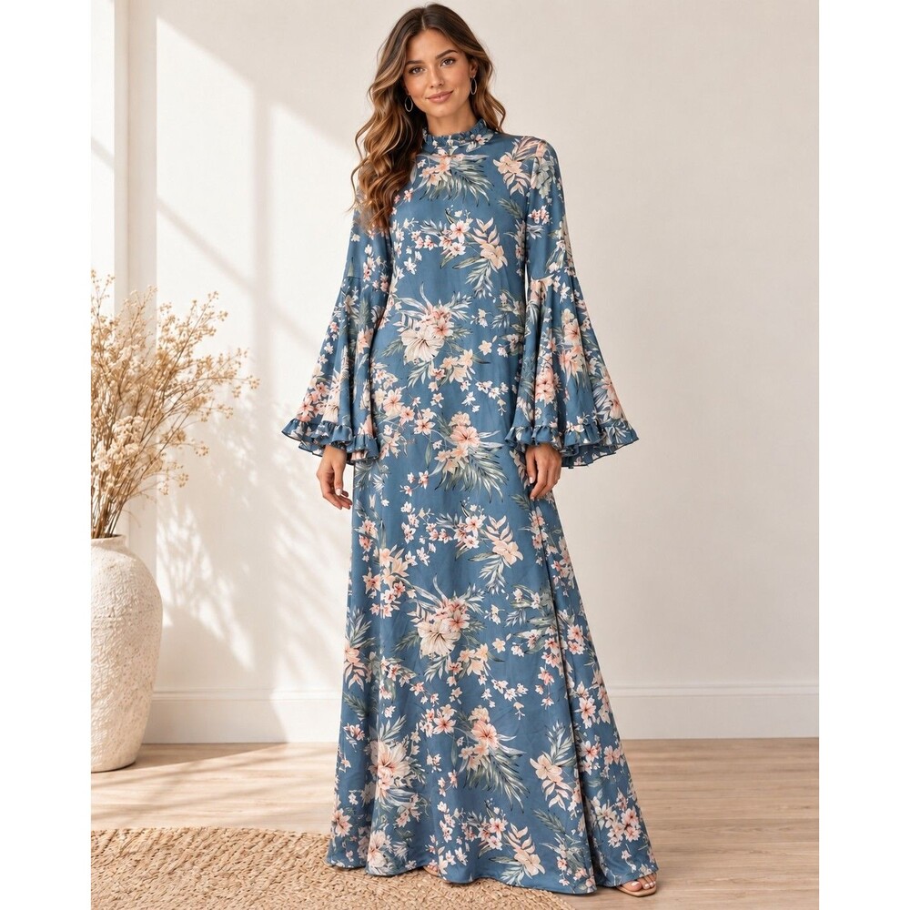 Blue Floral Maxi Dress Women L Ruffled Bell Sleeve Boho Romantic Cottagecore